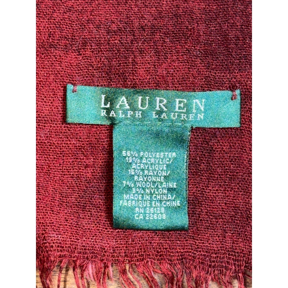 Lauren Ralph Lauren Red Southwestern Geometric Aztec Wool Blend Fringe Scarf - Picture 3 of 3